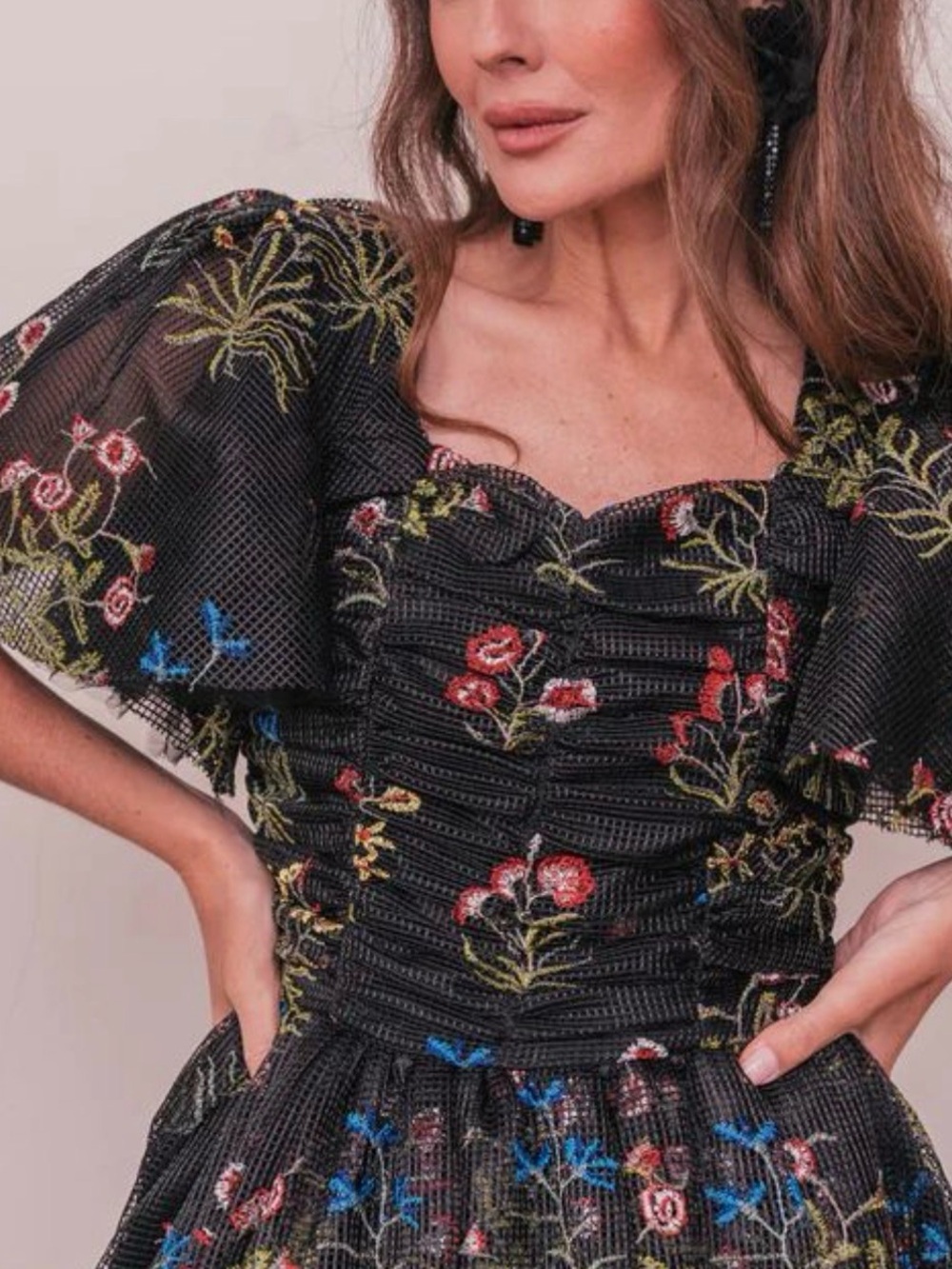 JessaKae Sybil Black Floral Embroidered Flutter Sleeve Lined Midi Dress Size XS